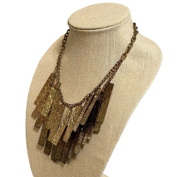 Vintage Gold Tone Textured Tag Drop Necklace Statement Double Layer 20.5” - Picture 3 of 7